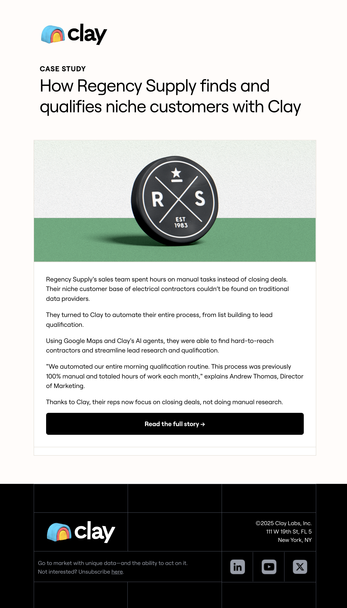 Case Study Email Examples: Screenshot of Clay's case study email featuring Regency Supply