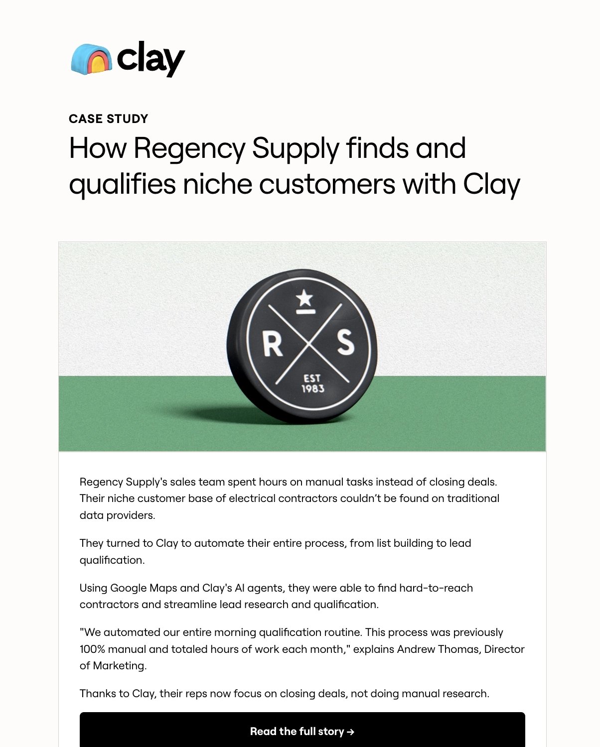 Case Study Email Examples: Screenshot of Clay's case study email featuring Regency Supply