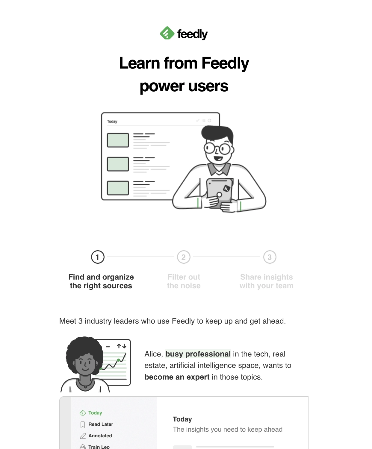 Case Study Email Examples: Screenshot of Feedly's email showcasing use cases told through imaginary personas