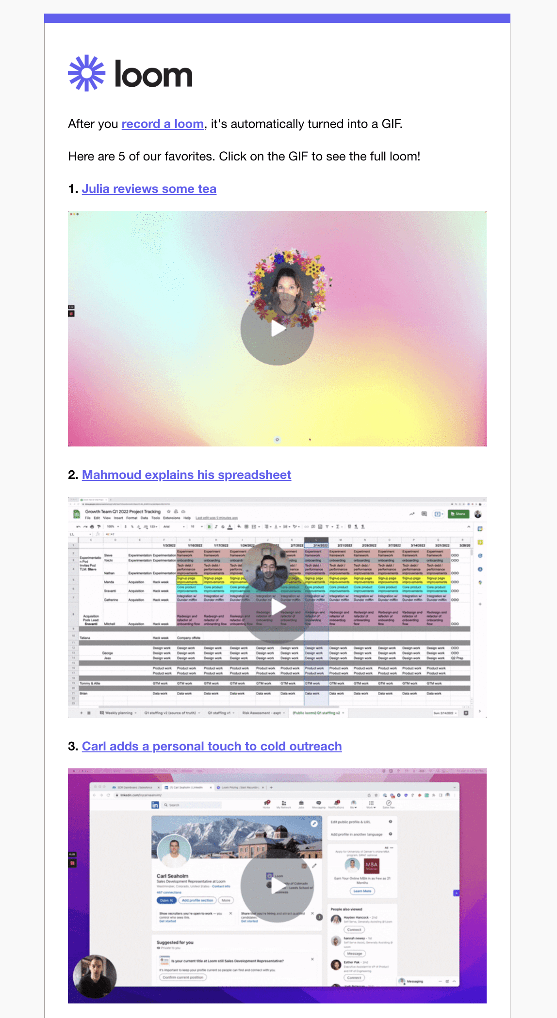 Case Study Email Examples: Screenshot of Loom's email showcasing customers' experience with the tool