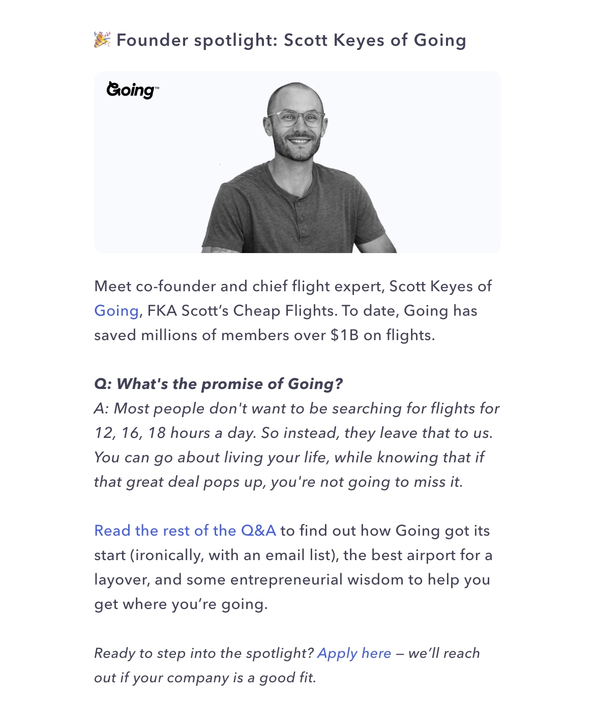 Case Study Email Examples: Screenshot of Mercury's email showcasing a founder spotlight story