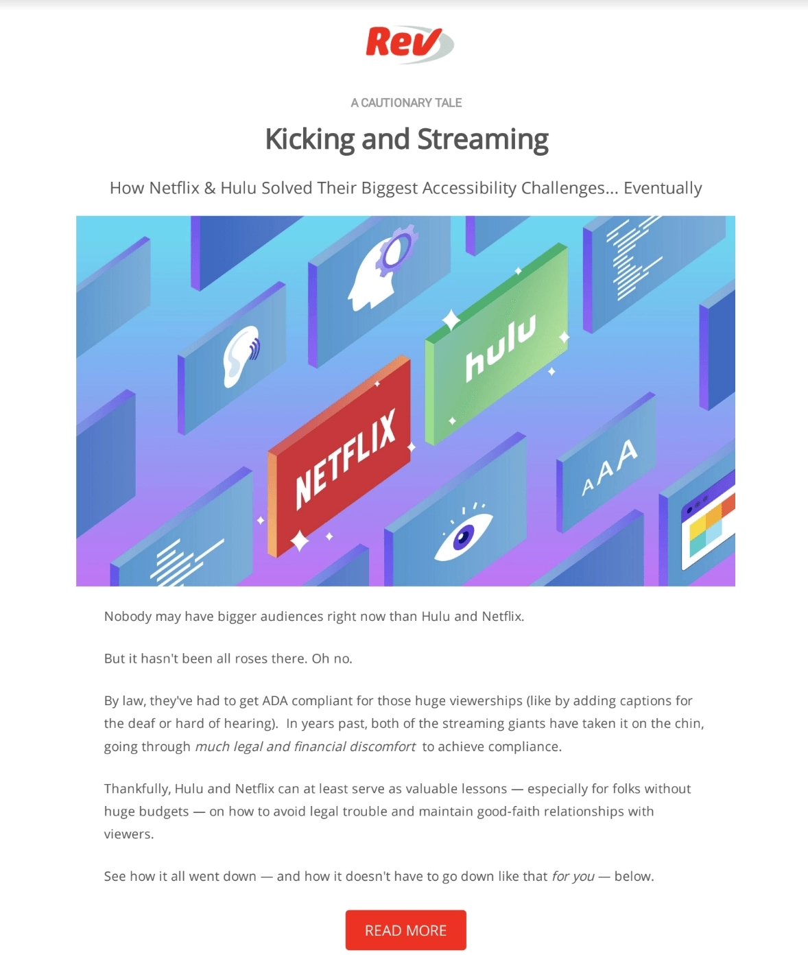 Case Study Email Examples: Screenshot of Rev's email featuring Netflix and Hulu's experience with transcriptions