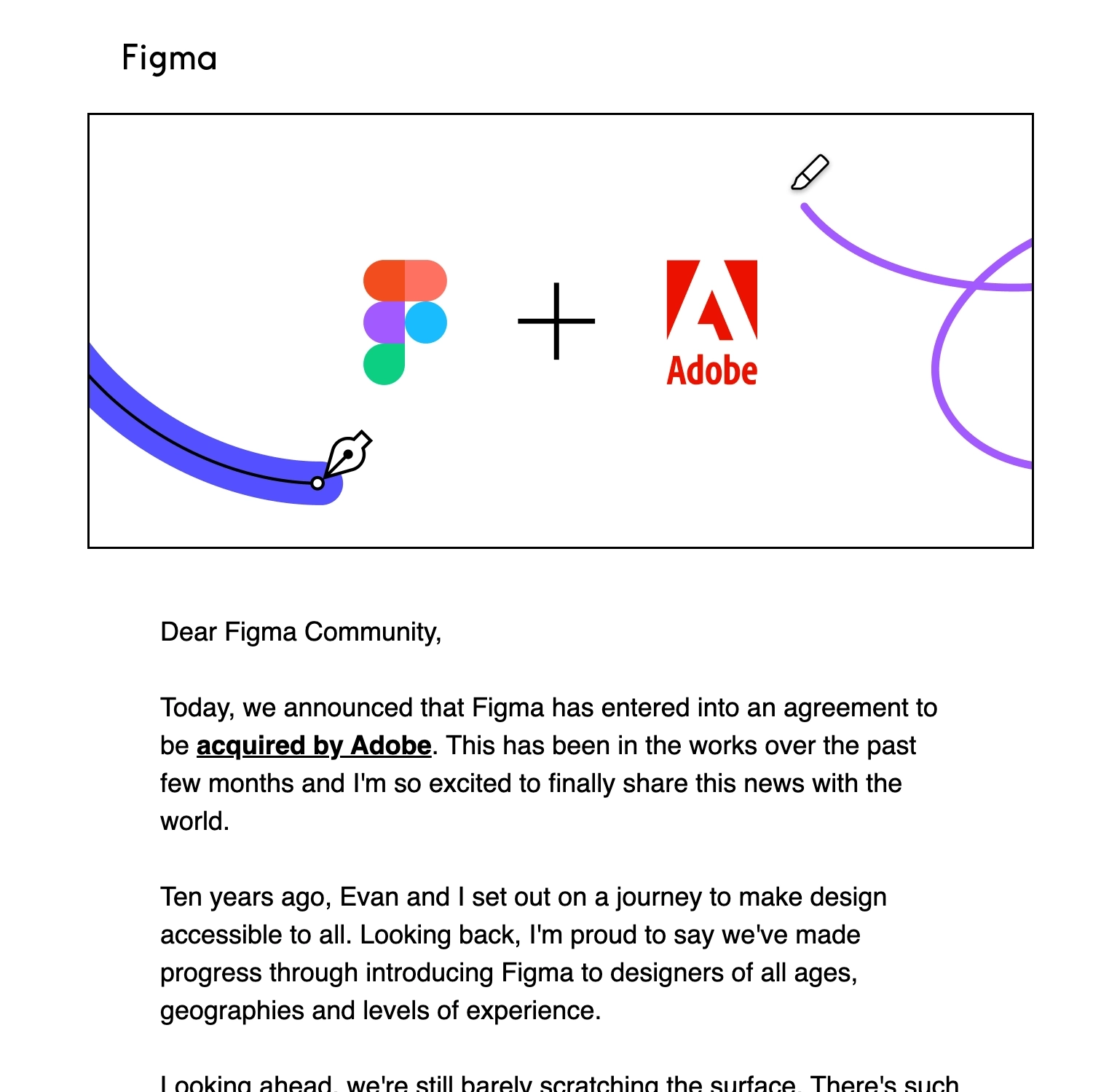 SaaS Company Acquisition Announcement Emails: Screenshot of Figma's announcement email when they got acquired by Adobe