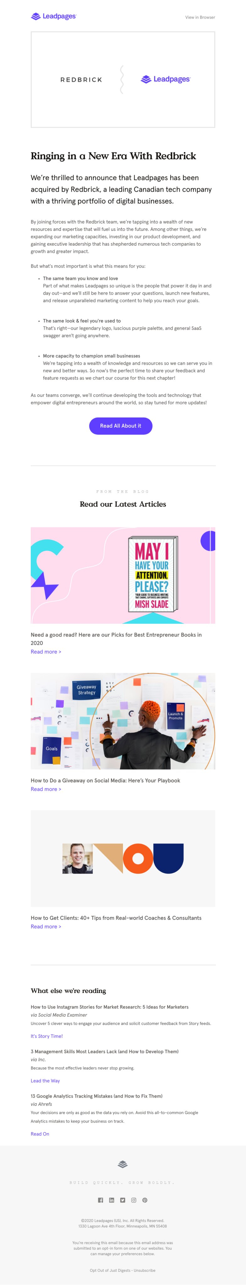 SaaS Company Acquisition Announcement Emails: Screenshot of Leadpages' announcement email when they got acquired by Redbrick