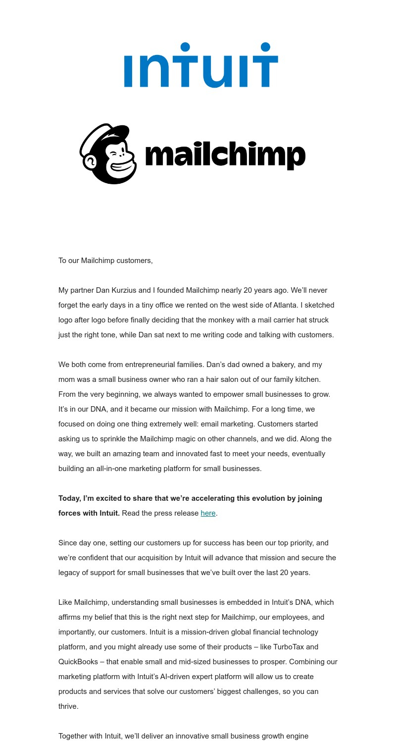 SaaS Company Acquisition Announcement Emails: Screenshot of Mailchimp's announcement email when they got acquired by Intuit