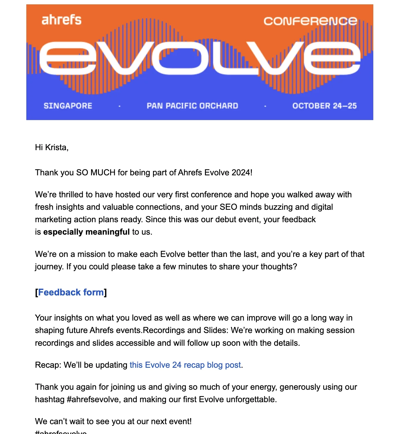 SaaS Conference Emails: Screenshot of Ahrefs’ feedback email for Ahrefs Evolve 2024