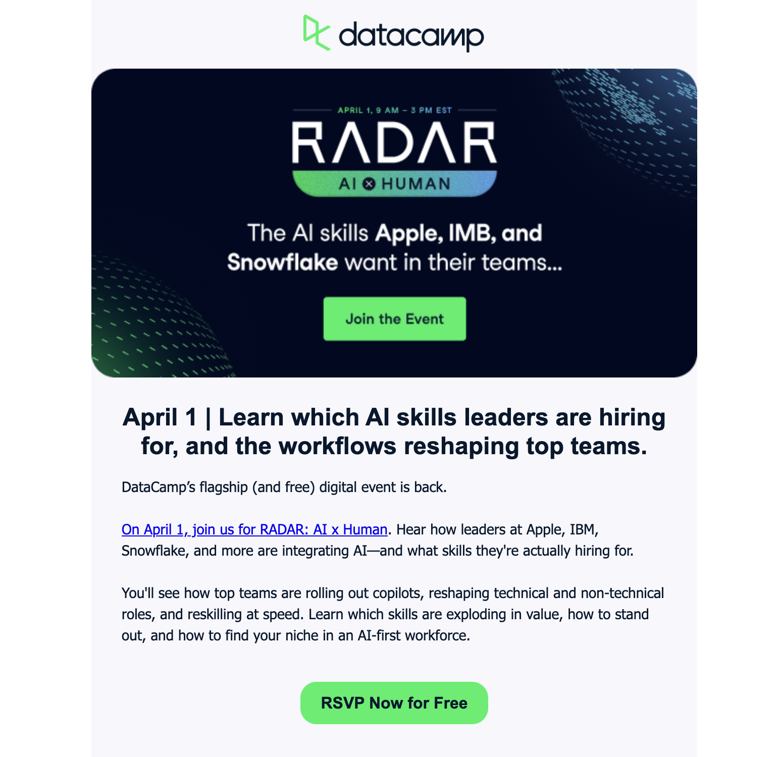 SaaS Conference Emails: Screenshot of DataCamp's email for RADAR 2026