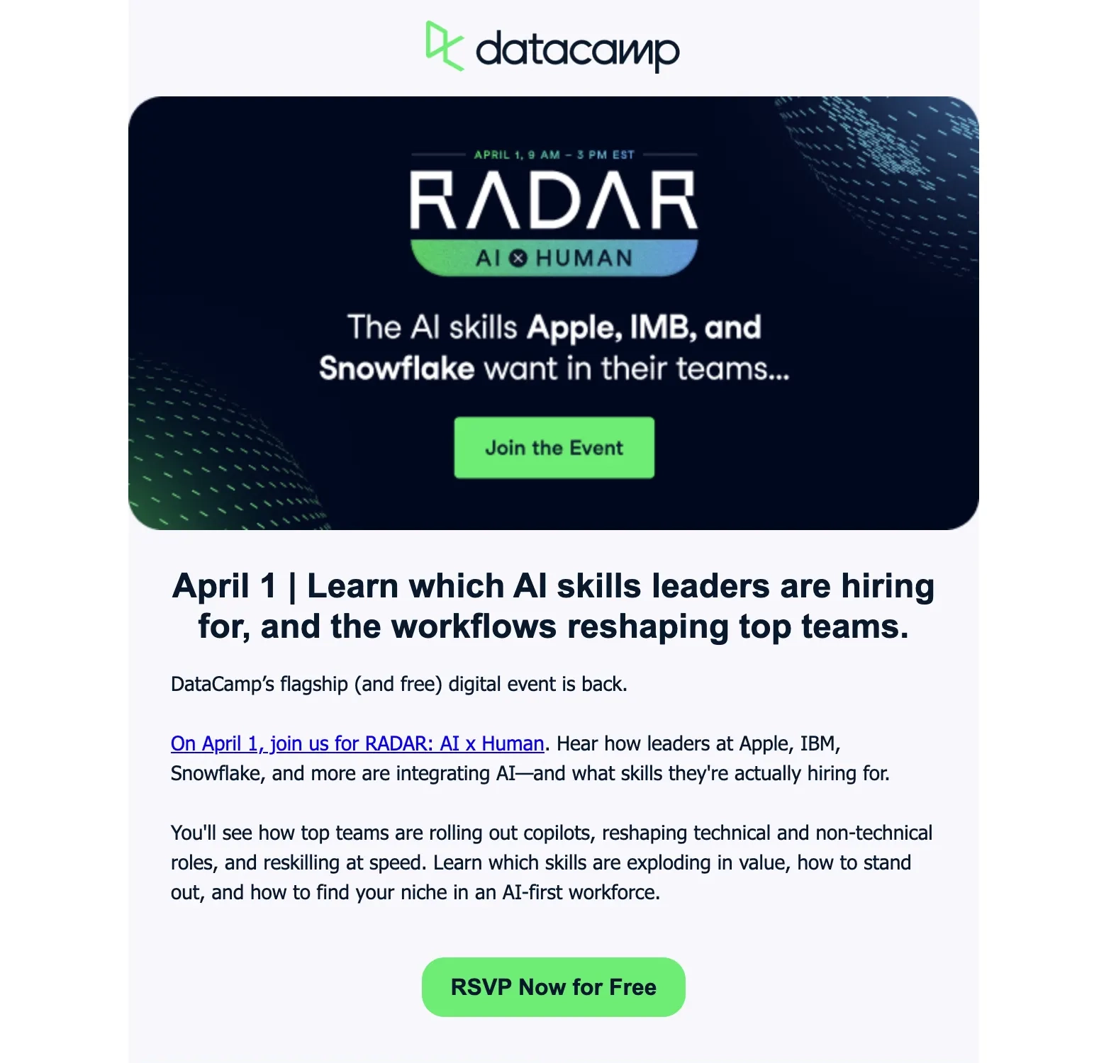 SaaS Conference Emails: Screenshot of DataCamp’s email for RADAR 2026