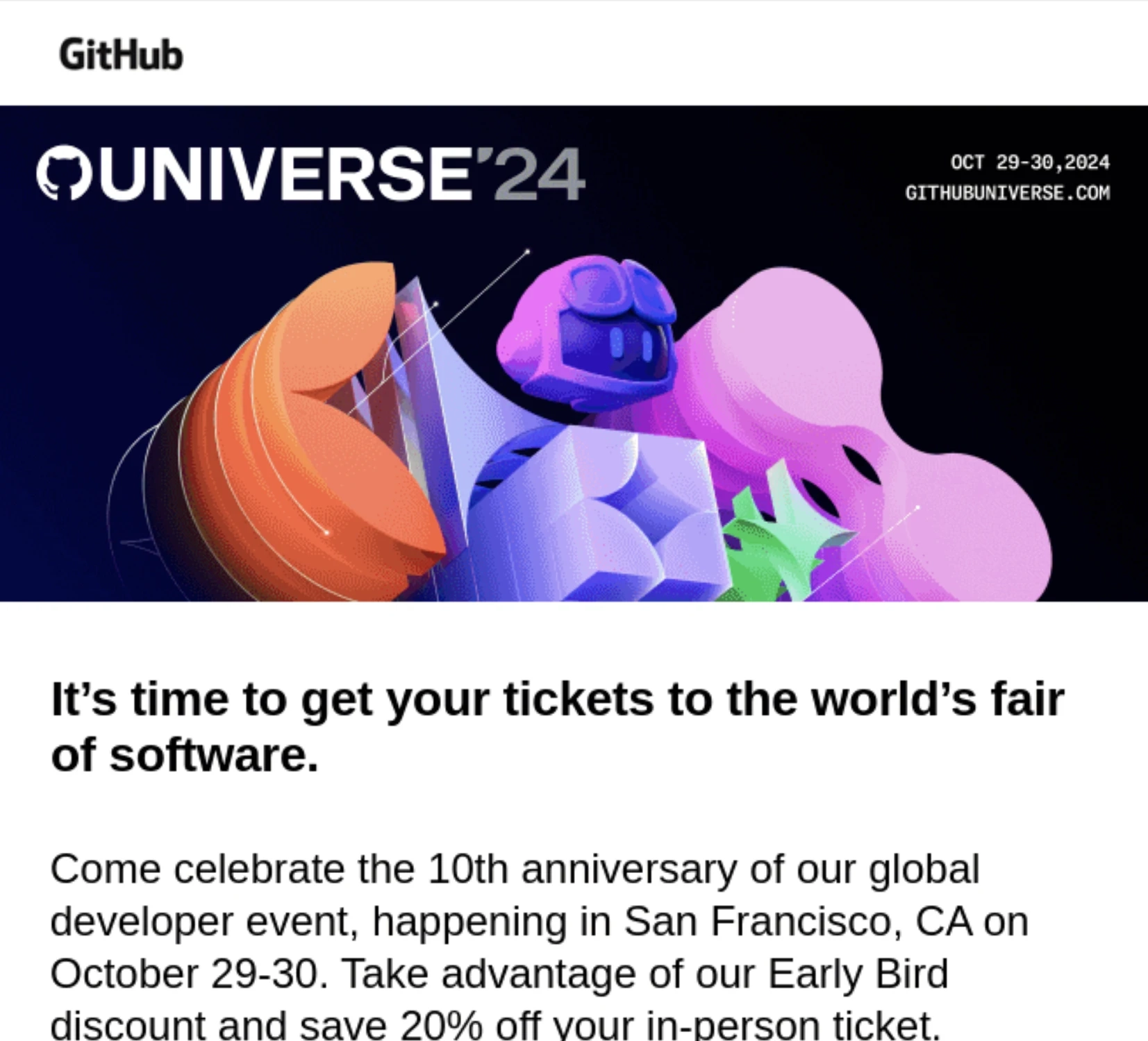 SaaS Conference Emails: Screenshot of GitHub’s email for GitHub Universe 2024