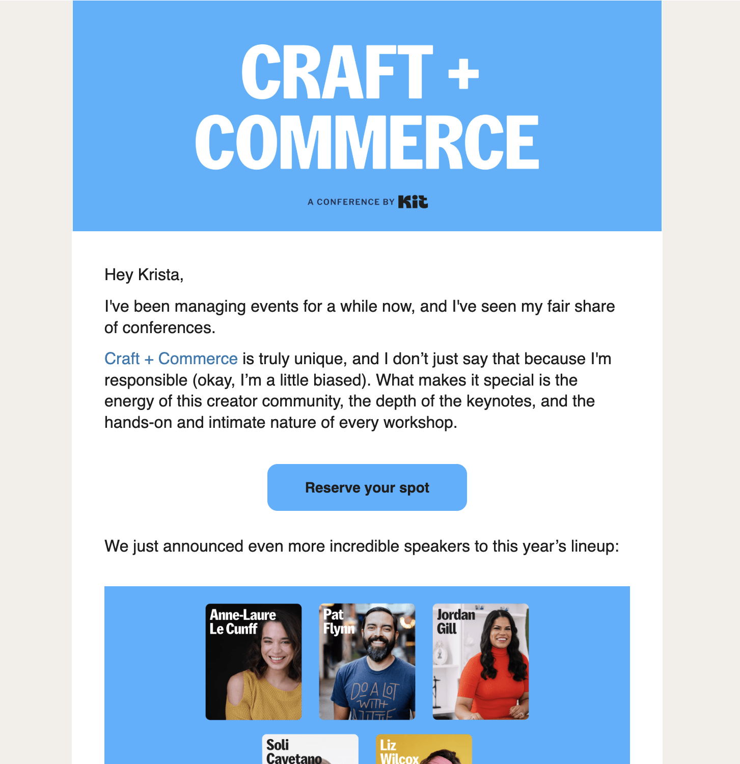 SaaS Conference Emails: Screenshot of Kit's email for Craft + Commerce 2025