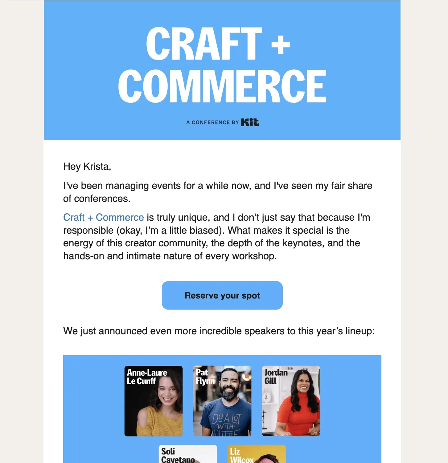 SaaS Conference Emails: Screenshot of Kit’s email for Craft + Commerce 2025
