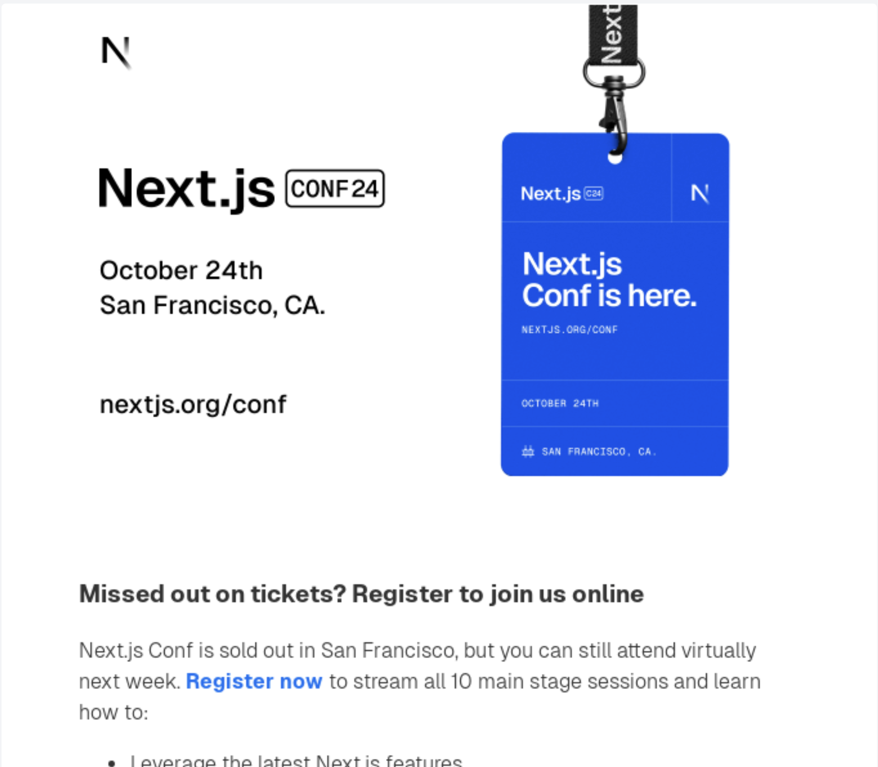 SaaS Conference Emails: Screenshot of Next.js' email for Next.js Conf 2024