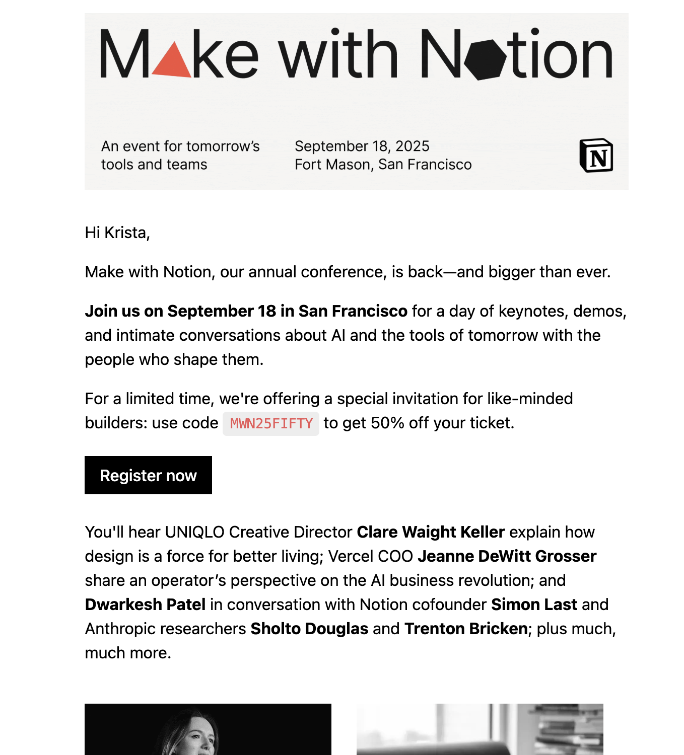 SaaS Conference Emails: Screenshot of Notion's email for Make with Notion 2025