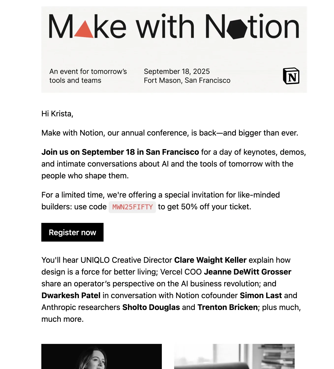 SaaS Conference Emails: Screenshot of Notion’s email for Make with Notion 2025