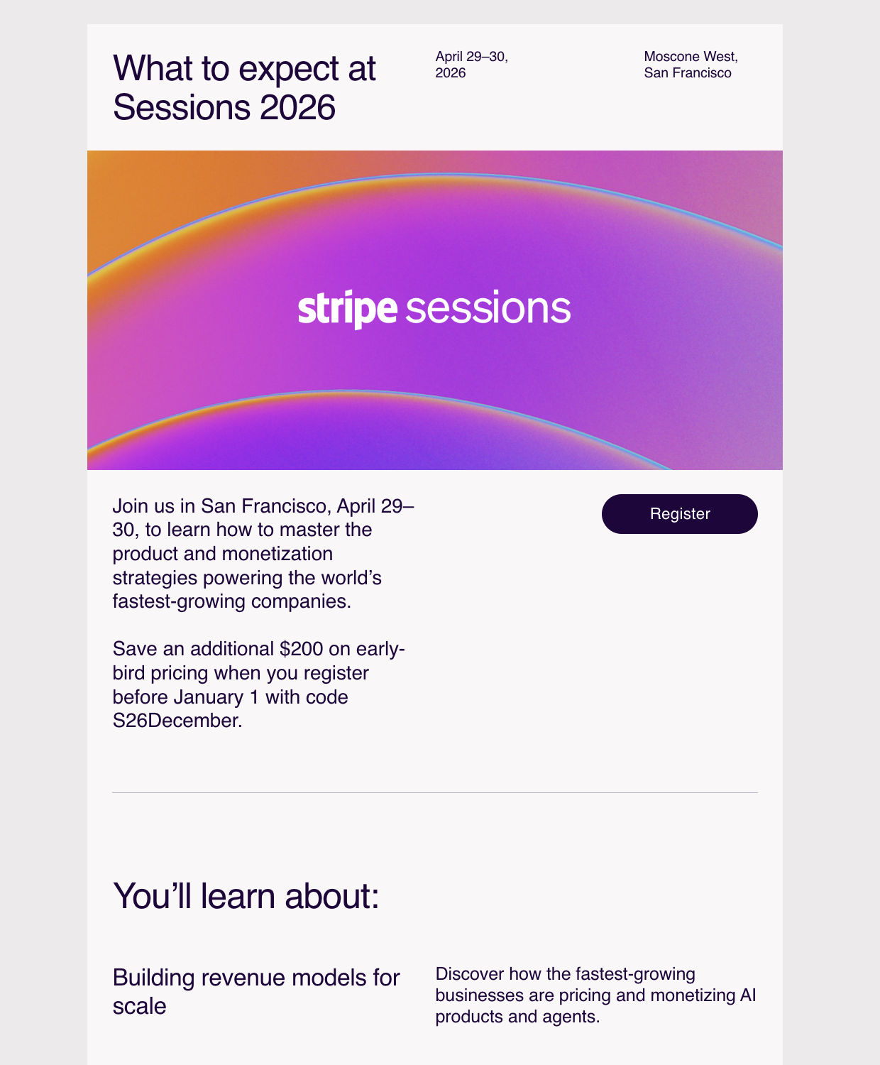 SaaS Conference Emails: Screenshot of Stripe's email for Sessions 2026