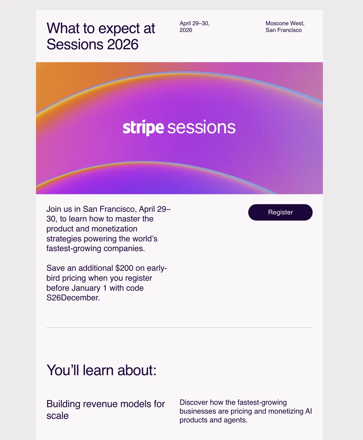 SaaS Conference Emails: Screenshot of Stripe’s email for Sessions 2026