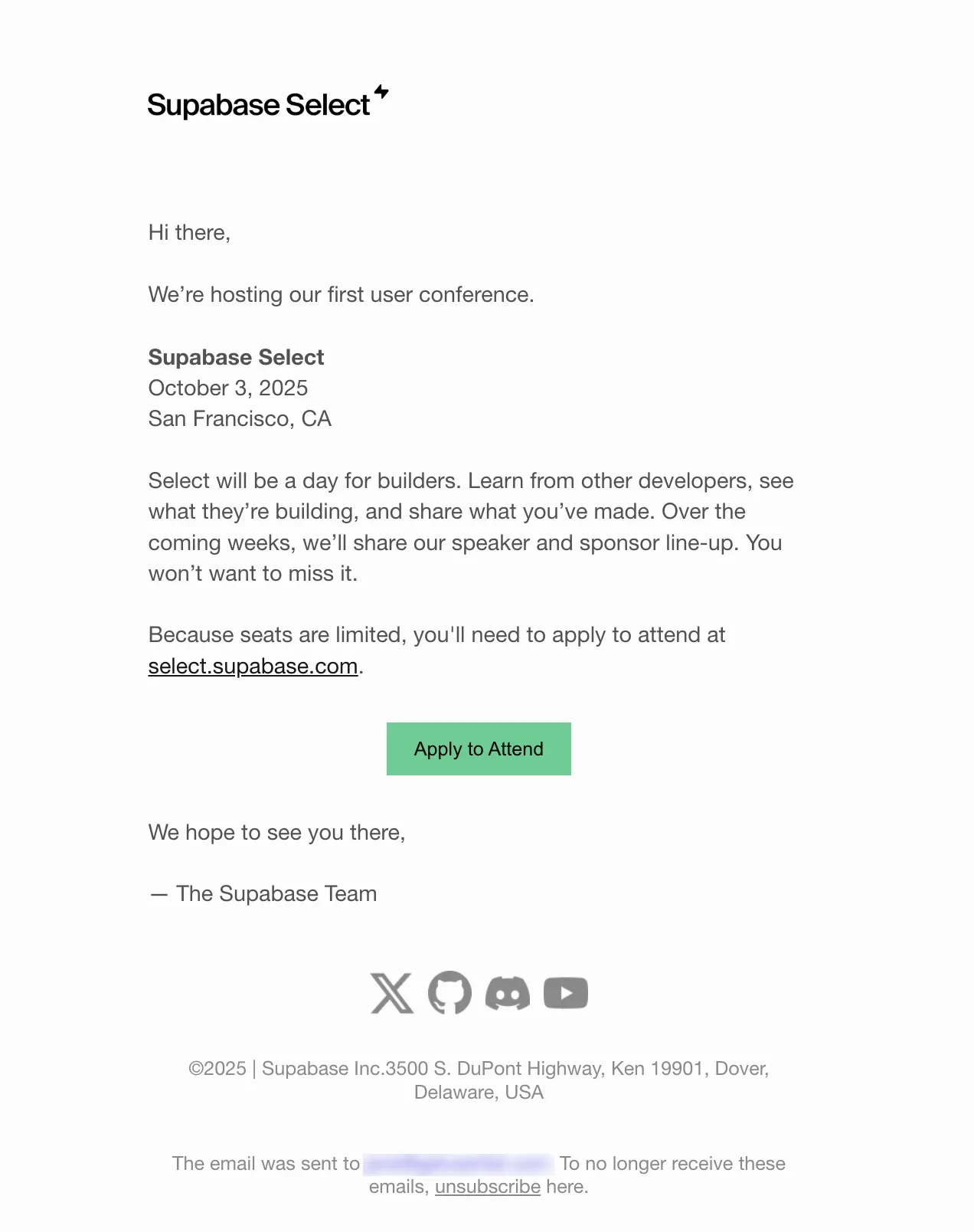 SaaS Conference Emails: Screenshot of Supabase’s email for Supabase Select 2025
