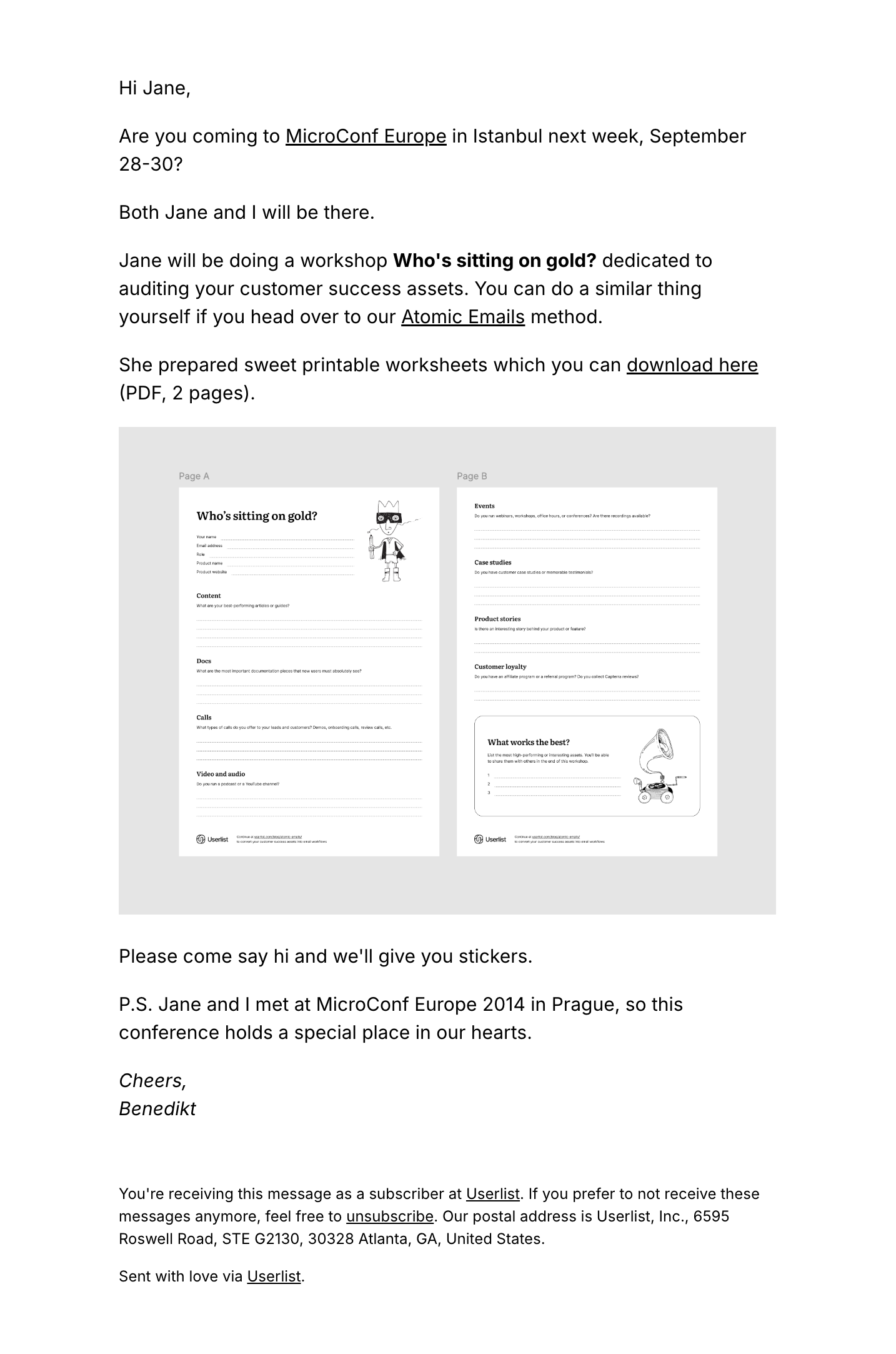 SaaS Conference Emails: Screenshot of Userlist's email for MicroConf Europe 2025