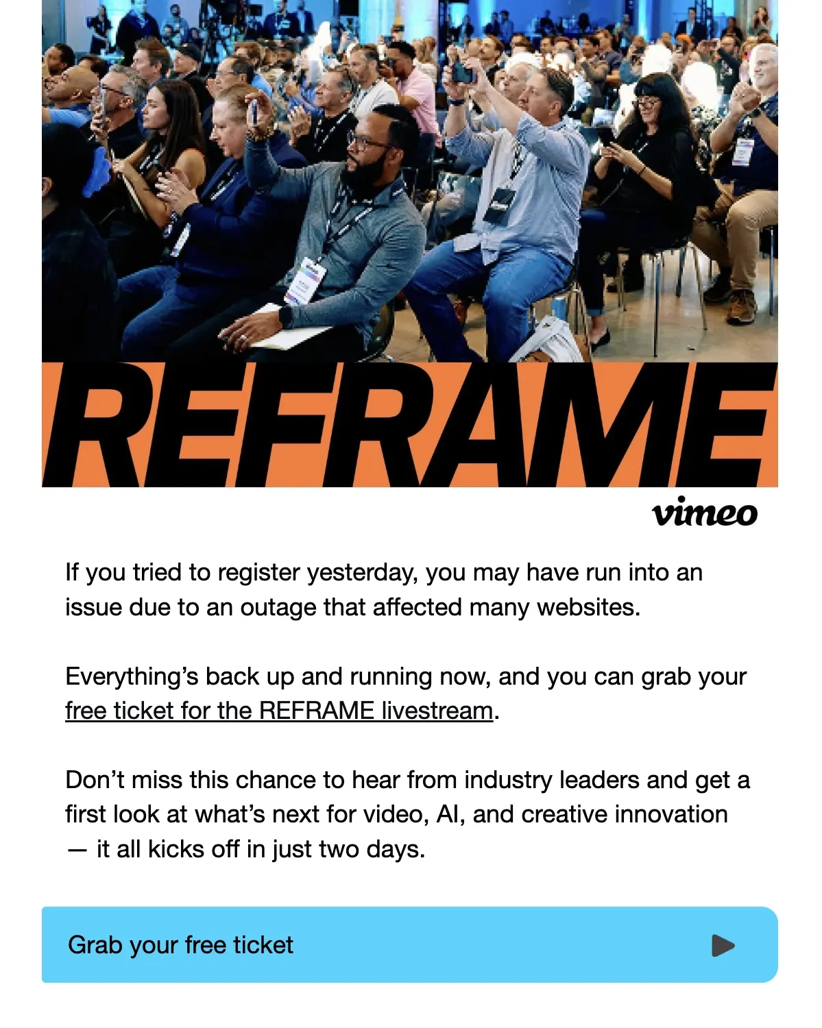 SaaS Conference Emails: Screenshot of Vimeo’s email for REFRAME 2025