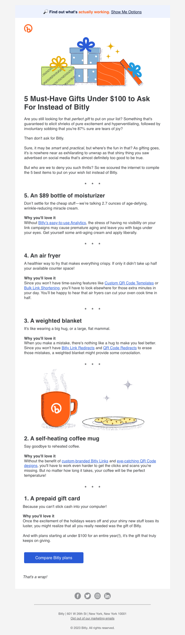 Creative SaaS Emails: Screenshot of Bitly's creative email about gift ideas