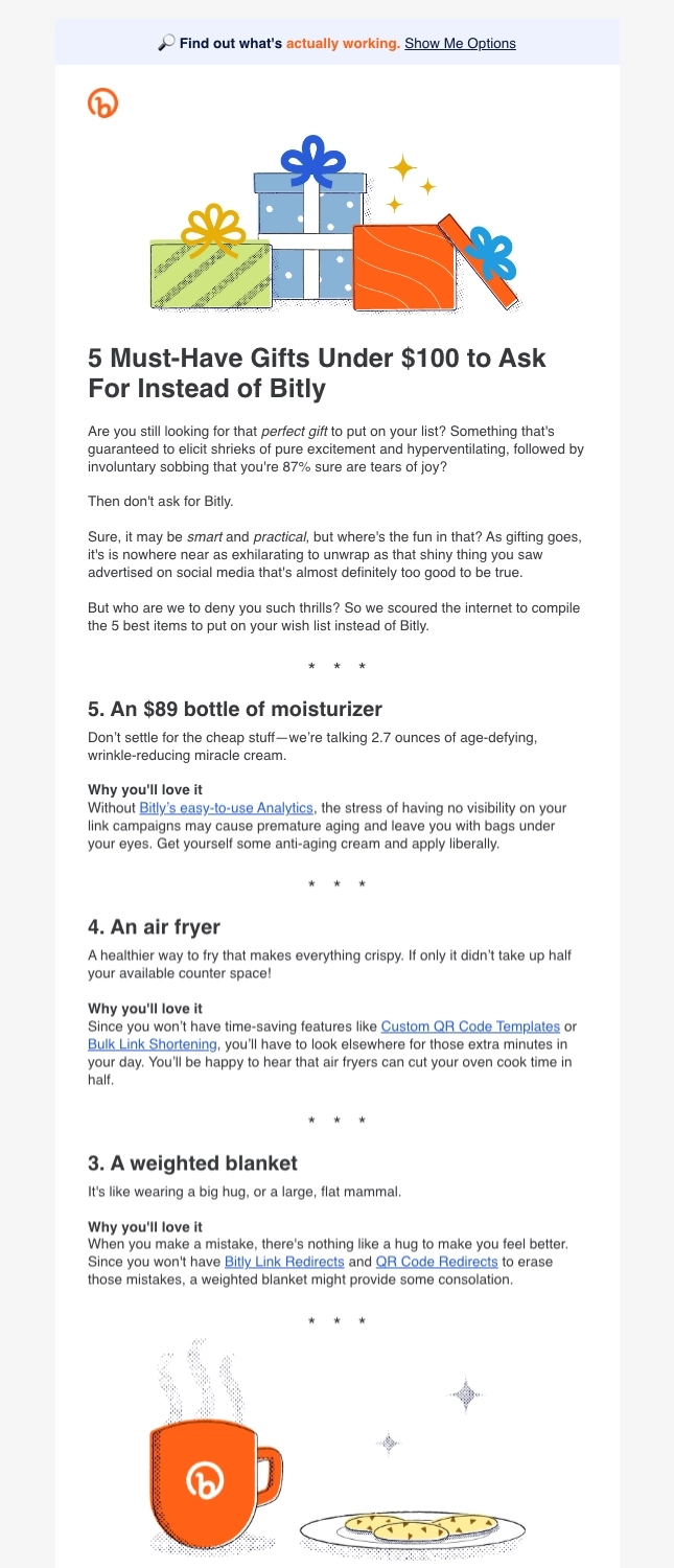 Creative SaaS Emails: Screenshot of Bitly's creative email about gift ideas
