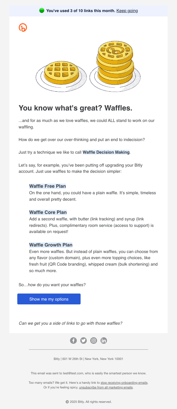 Creative SaaS Emails: Screenshot of Bitly's creative email comparing prices to waffle combos