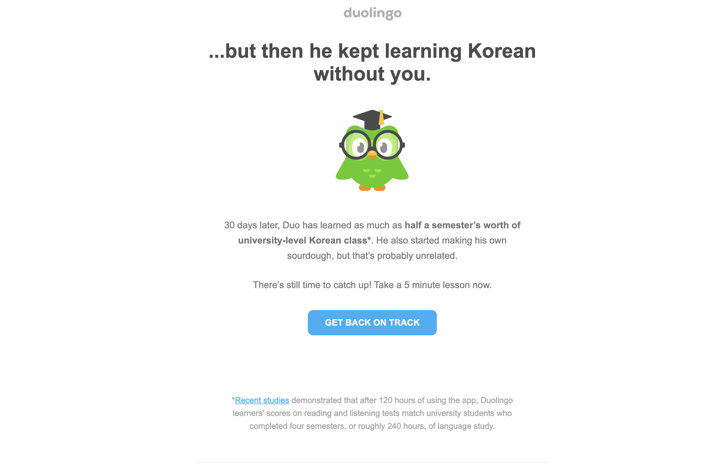 Creative SaaS Emails: Screenshot of Duolingo's creative email about missing practice