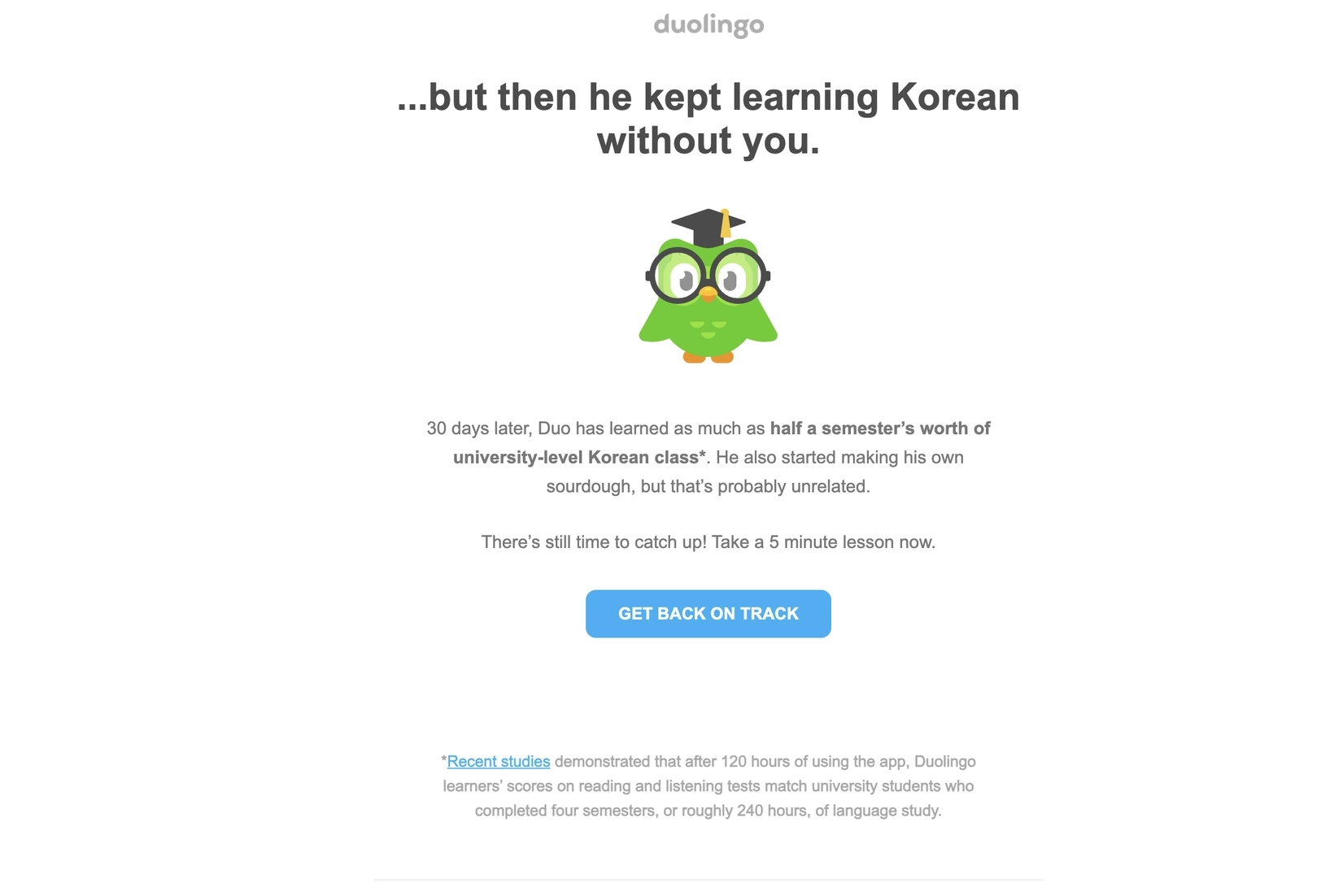 Creative SaaS Emails: Screenshot of Duolingo's creative email about missing practice