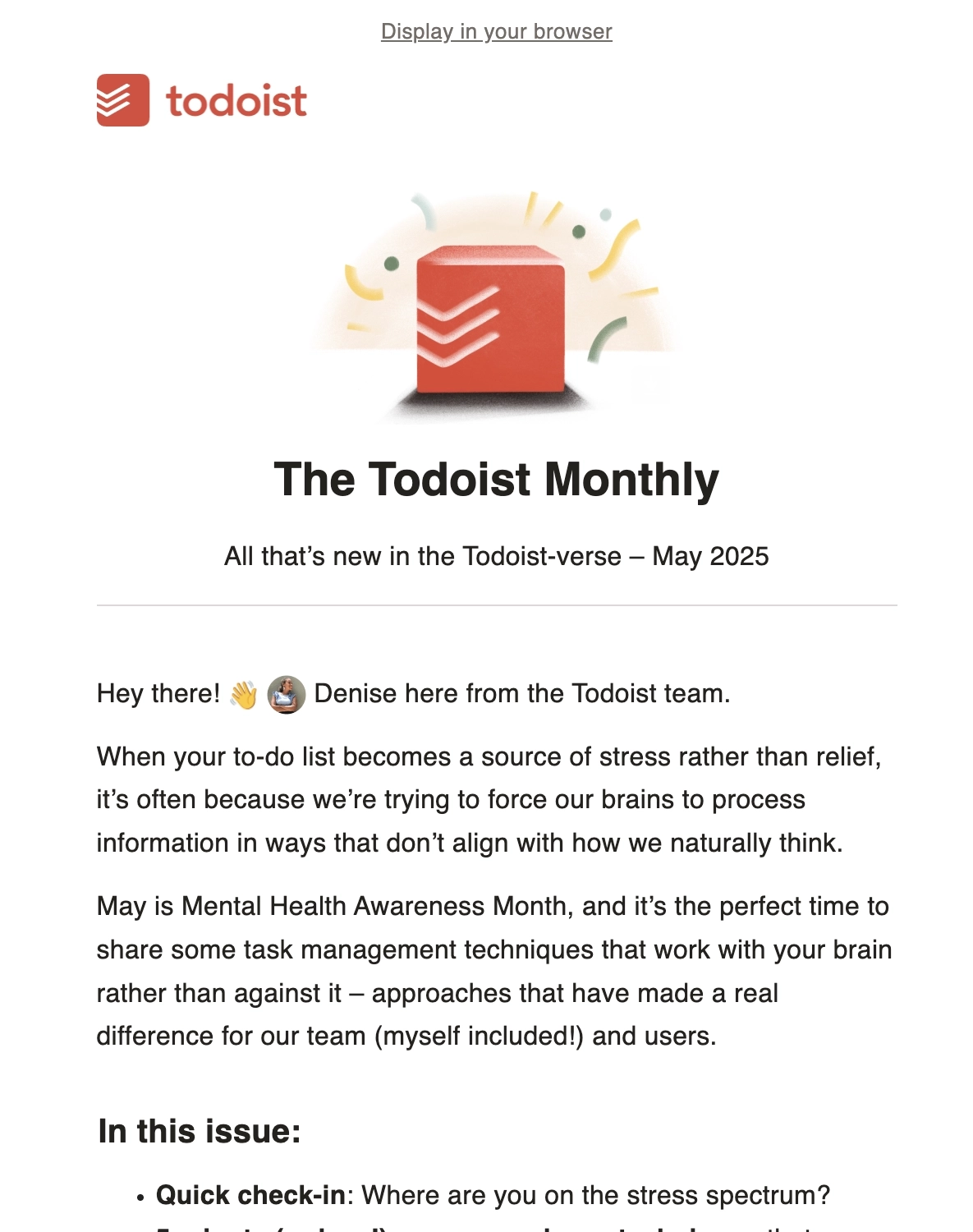 Creative SaaS Emails: Screenshot of Todoist's creative May 2025 newsletter