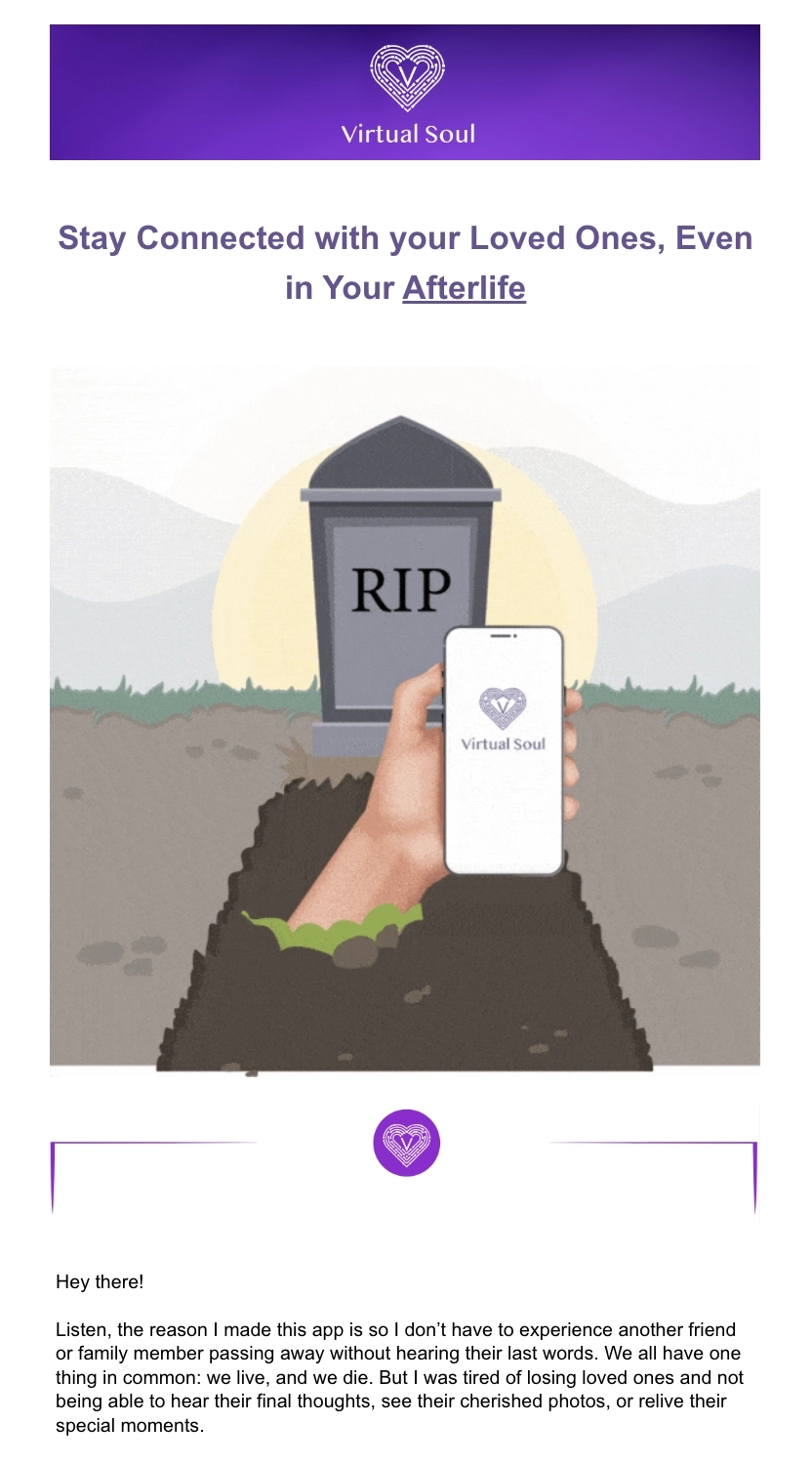 Creative SaaS Emails: Screenshot of Virtual Soul's creative email about their product's mission