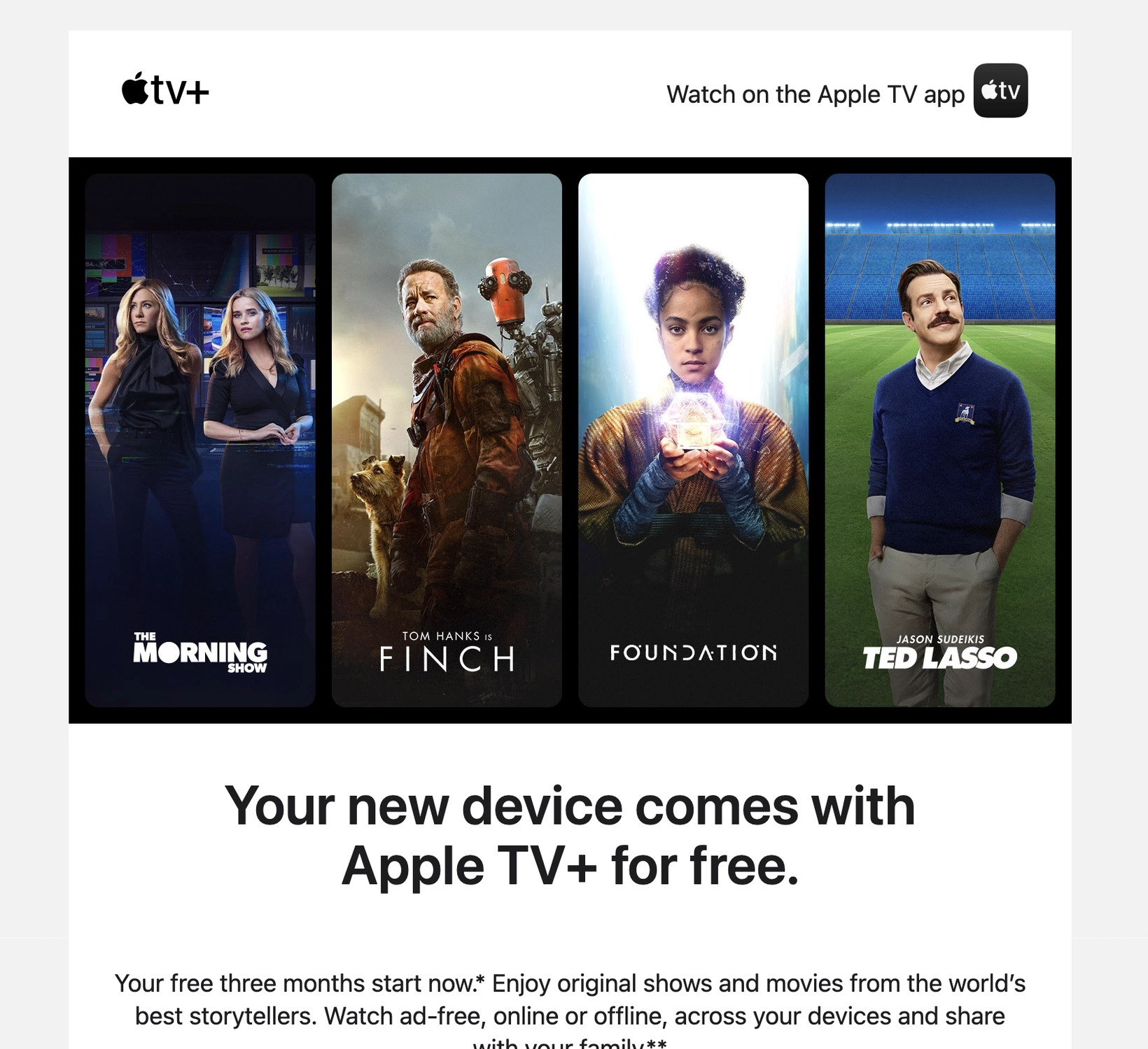 SaaS CTA Emails: Screenshot of Apple's free 3-month Apple TV+ offer