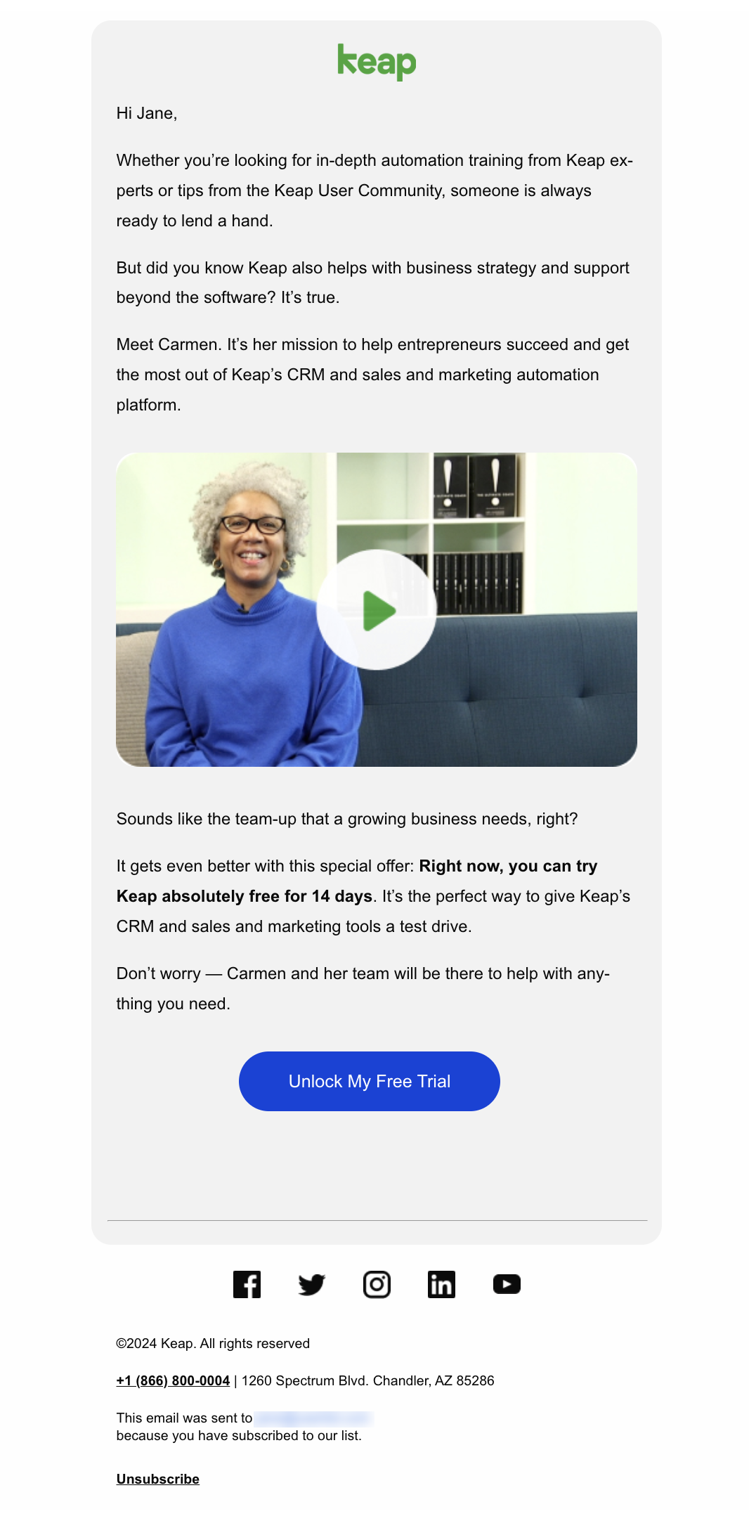 SaaS CTA Emails: Screenshot of Keap's CTA email to sign up for a free trial