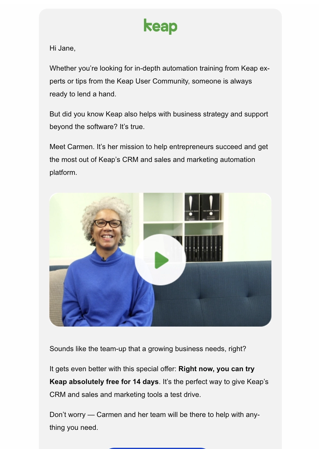 SaaS CTA Emails: Screenshot of Keap's CTA email to sign up for a free trial