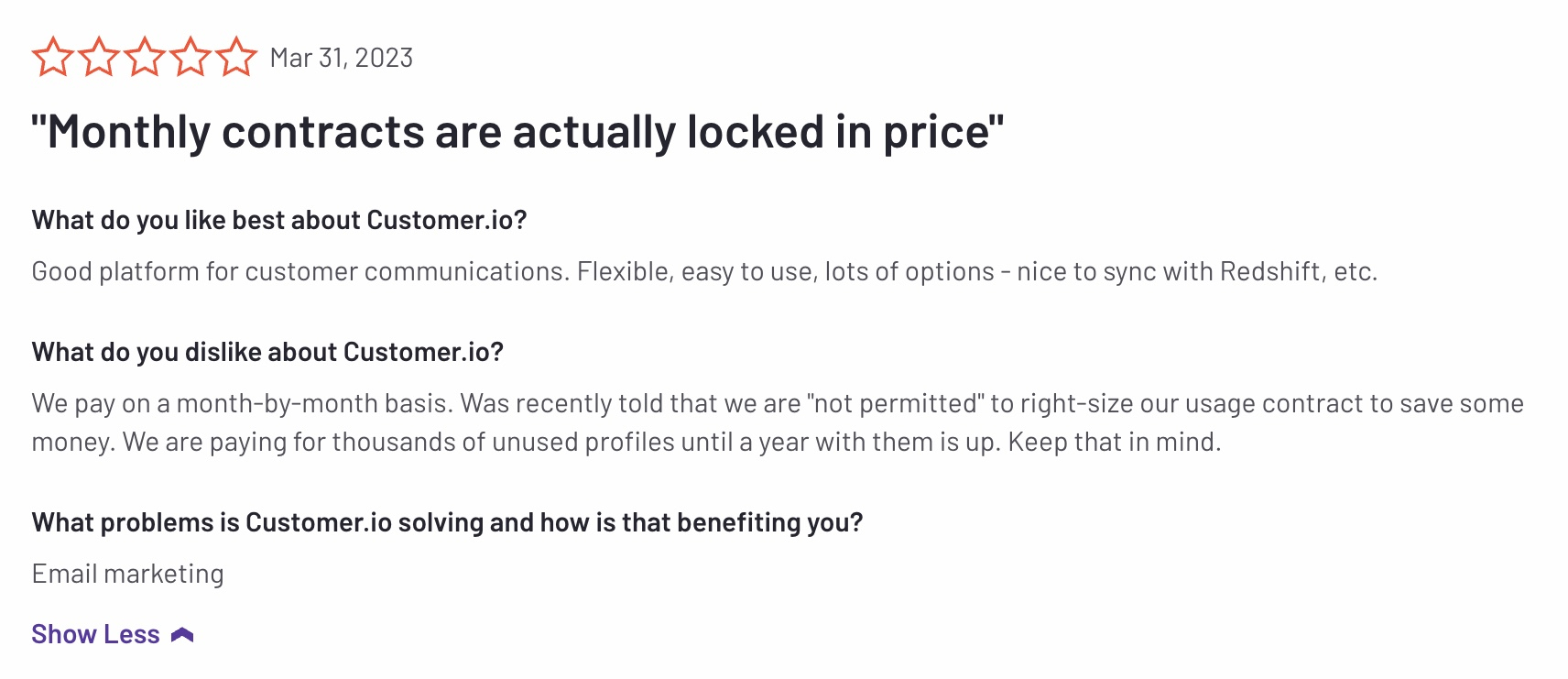 Customer.io Alternatives: Screenshot of a Customer.io review that talks about the steep learning curve