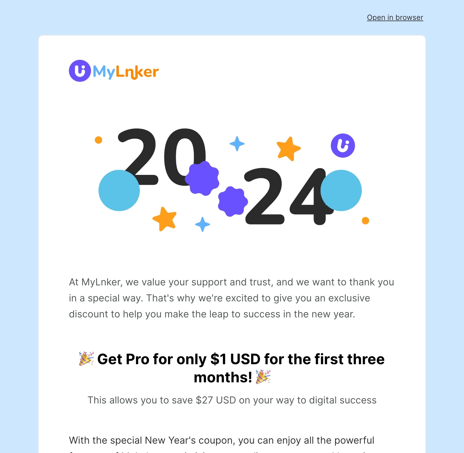 SaaS Discount and Promo Email Examples: Screenshot of MyLnker's promo email