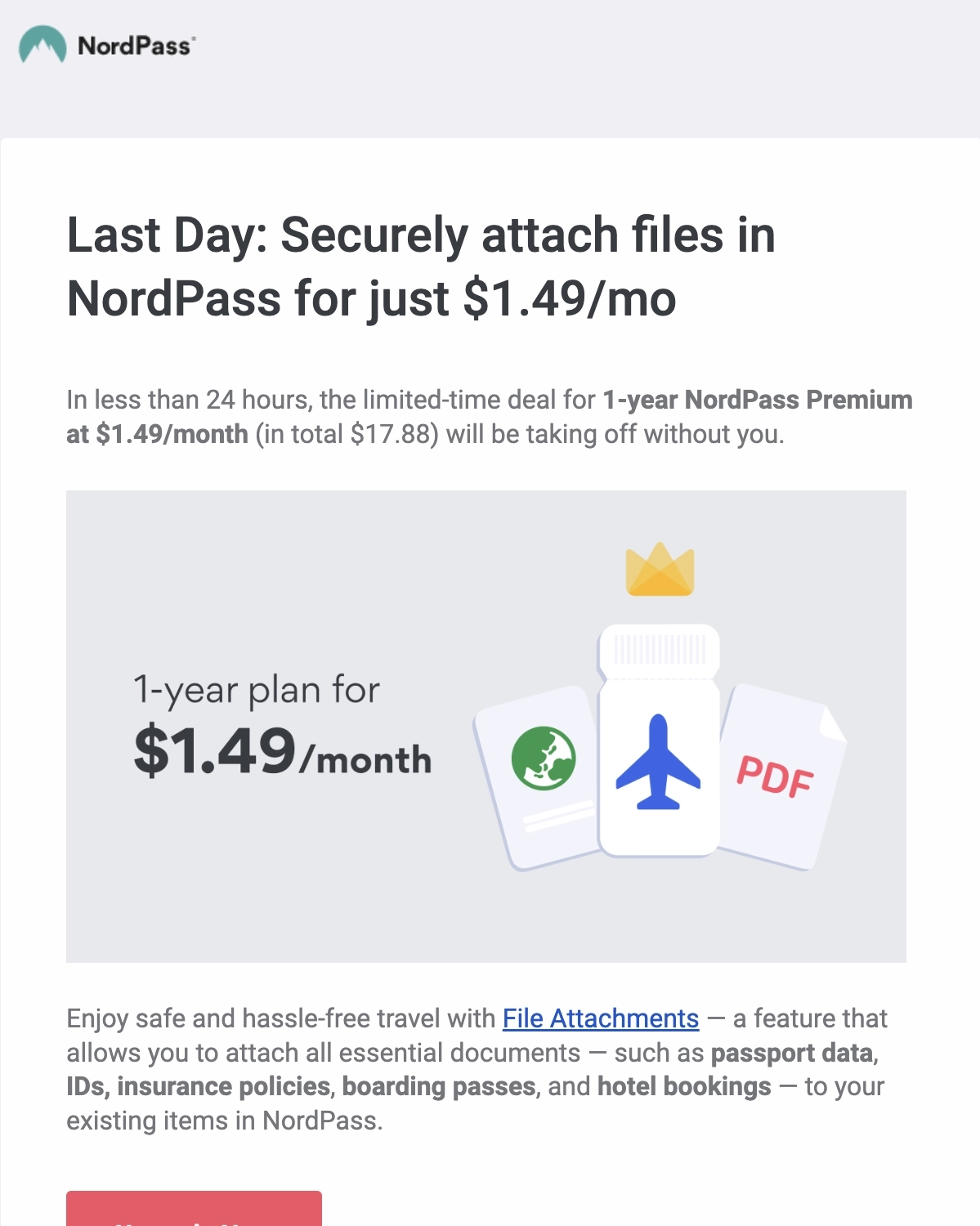 SaaS Discount and Promo Email Examples: Screenshot of NordPass' discount email