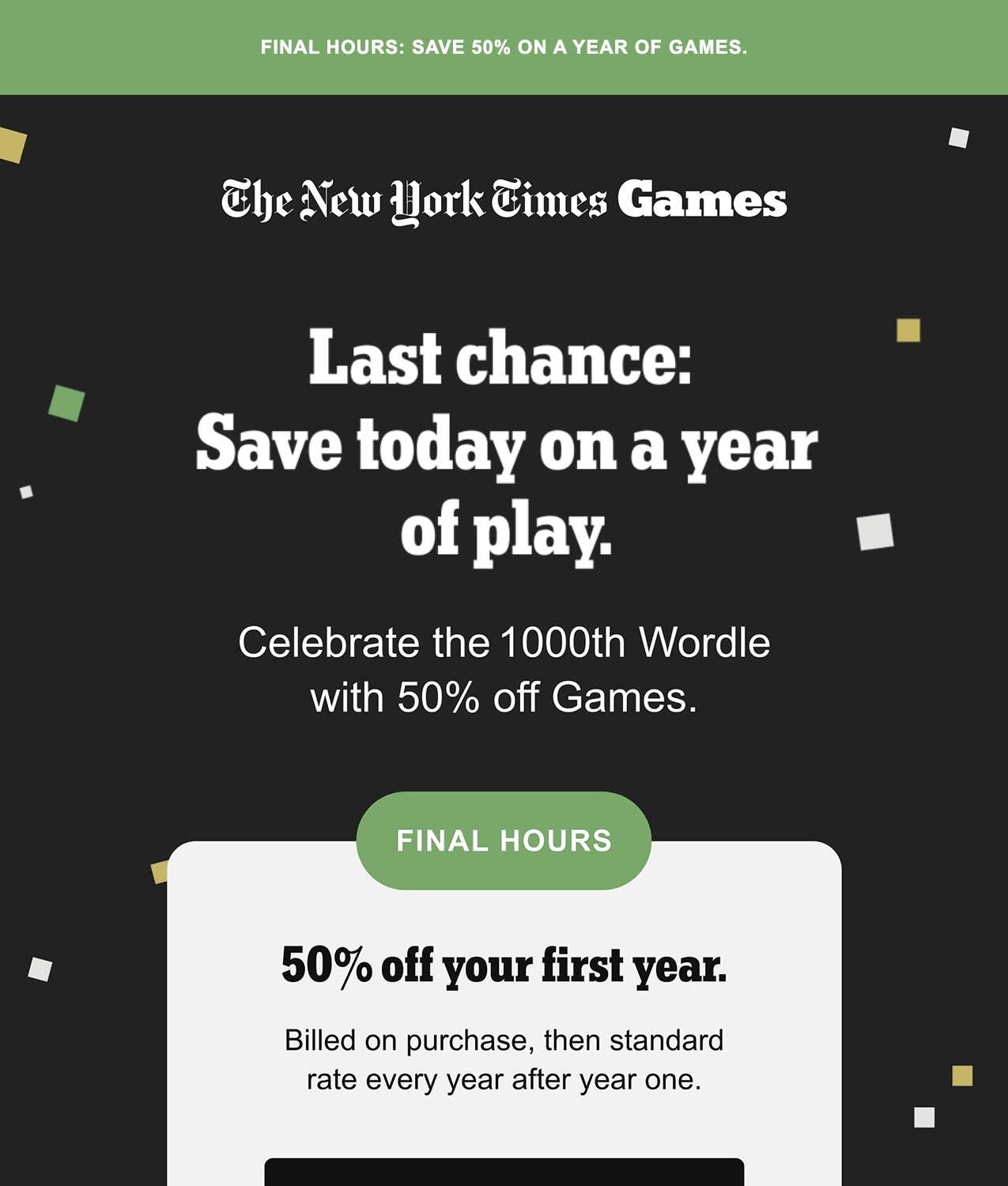 SaaS Discount and Promo Email Examples: Screenshot of The New York Times' promo email