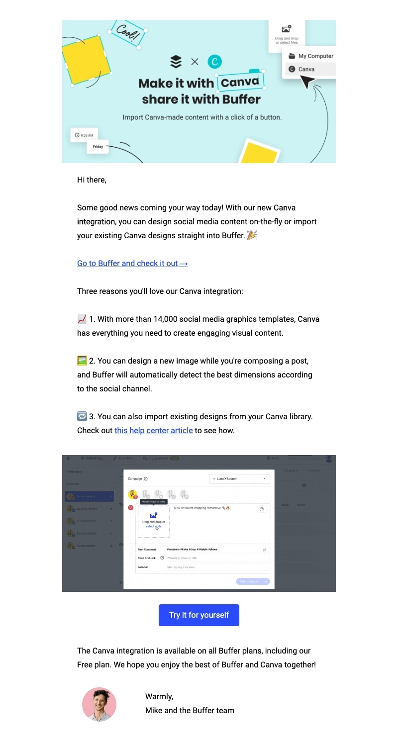 Email Engagement Content Ideas: Screenshot of Buffer's email about their Canva integration
