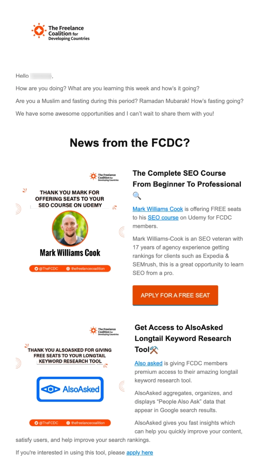 Email Engagement Content Ideas: Screenshot of FCDC's email offering gree tickets