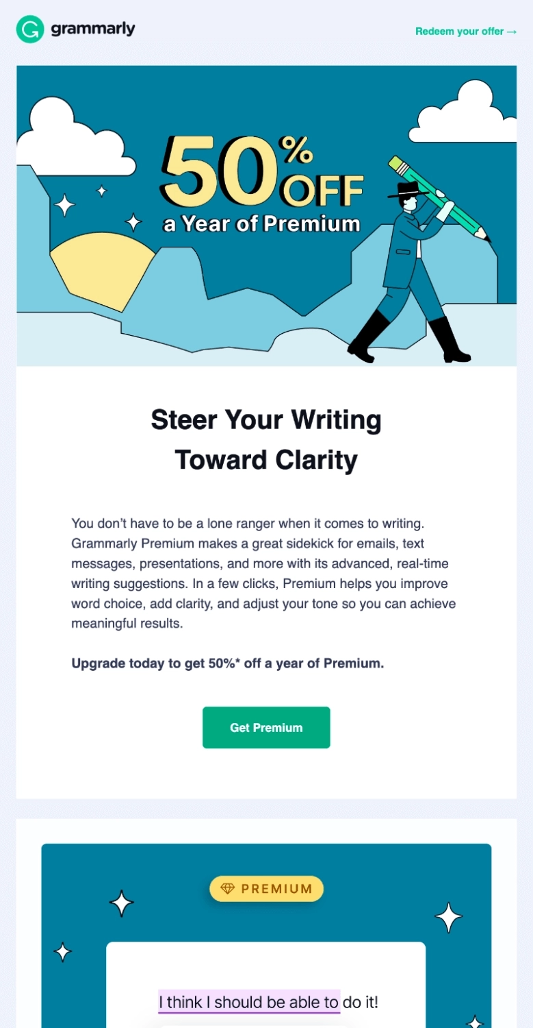 Email Engagement Content Ideas: Screenshot of Grammarly's email offering a discount