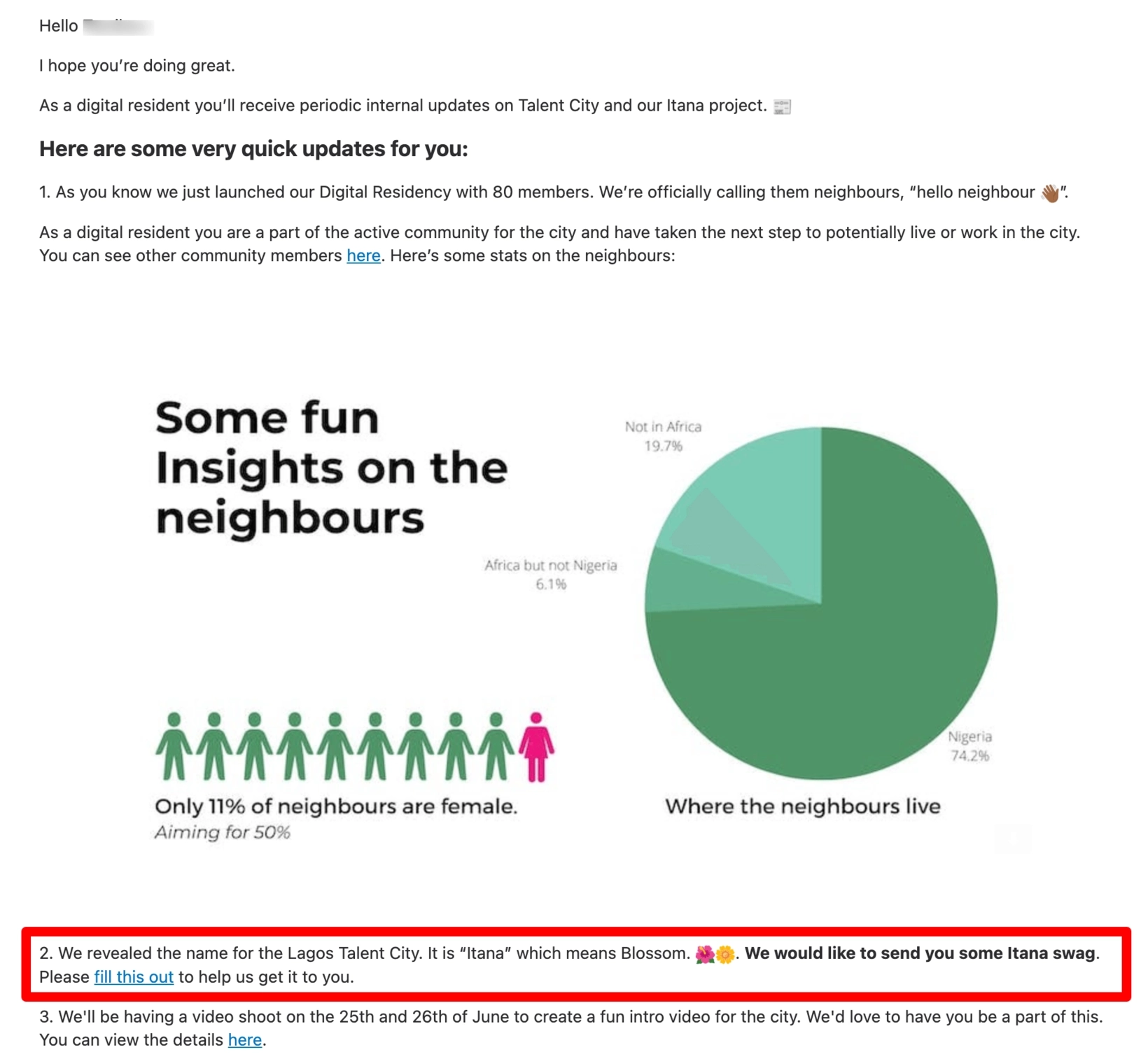 Email Engagement Content Ideas: Screenshot of Itana's email offering company swag