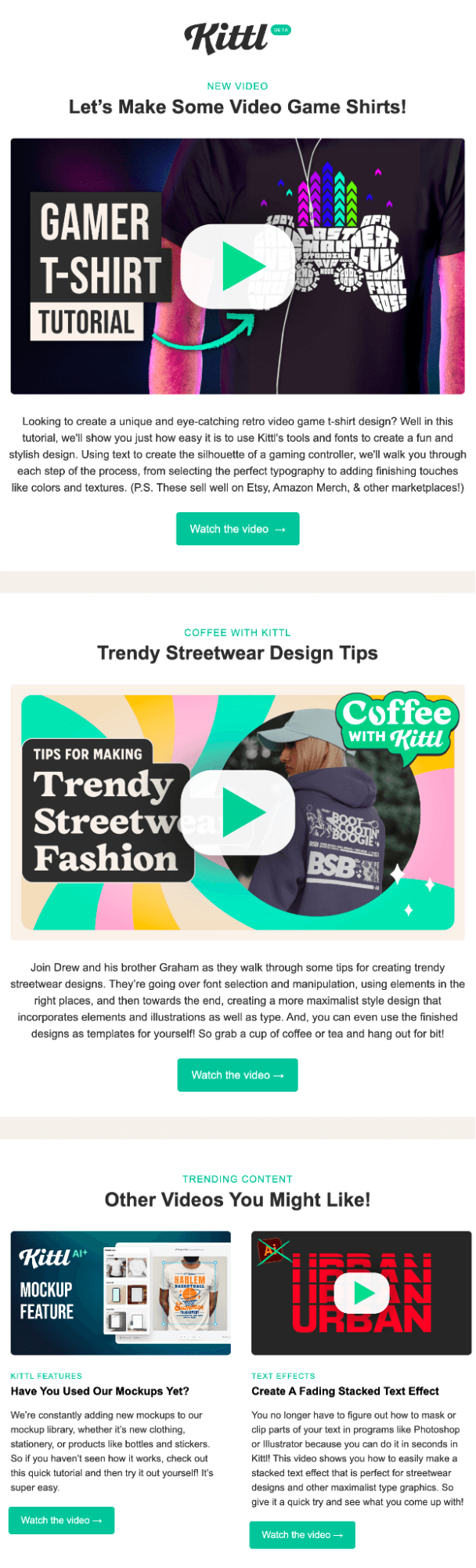 Email Engagement Content Ideas: Screenshot of Kittl's email featuring some of their video content