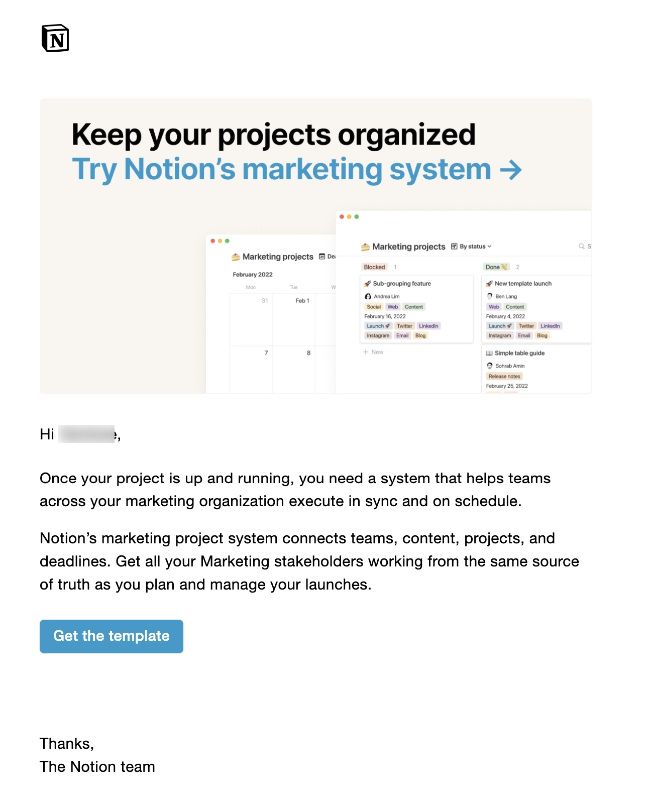 Email Engagement Content Ideas: Screenshot of Notion's email that urges users to download their template