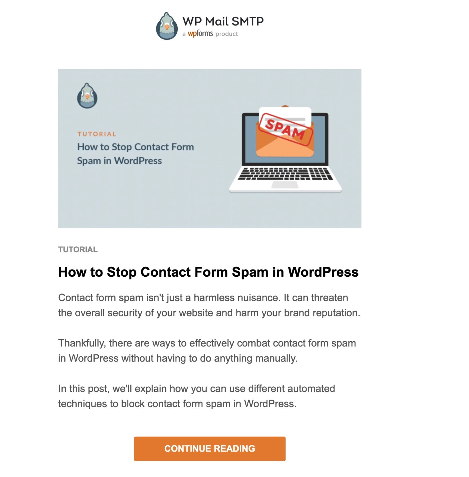 Email Engagement Content Ideas: Screenshot of WP Mail's email that urges users to read a tutorial
