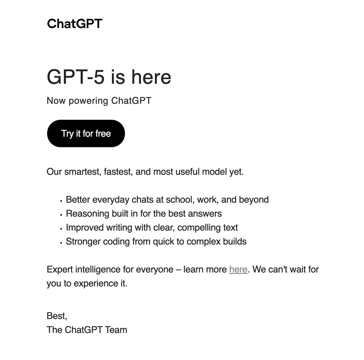 Email Marketing for AI Companies: Screenshot of OpenAI’s email about GPT-5
