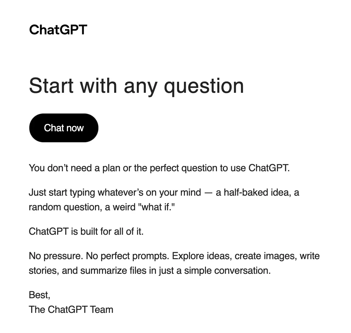 Email Marketing for AI Companies: Screenshot of OpenAI’s email about tips to get started with ChatGPT
