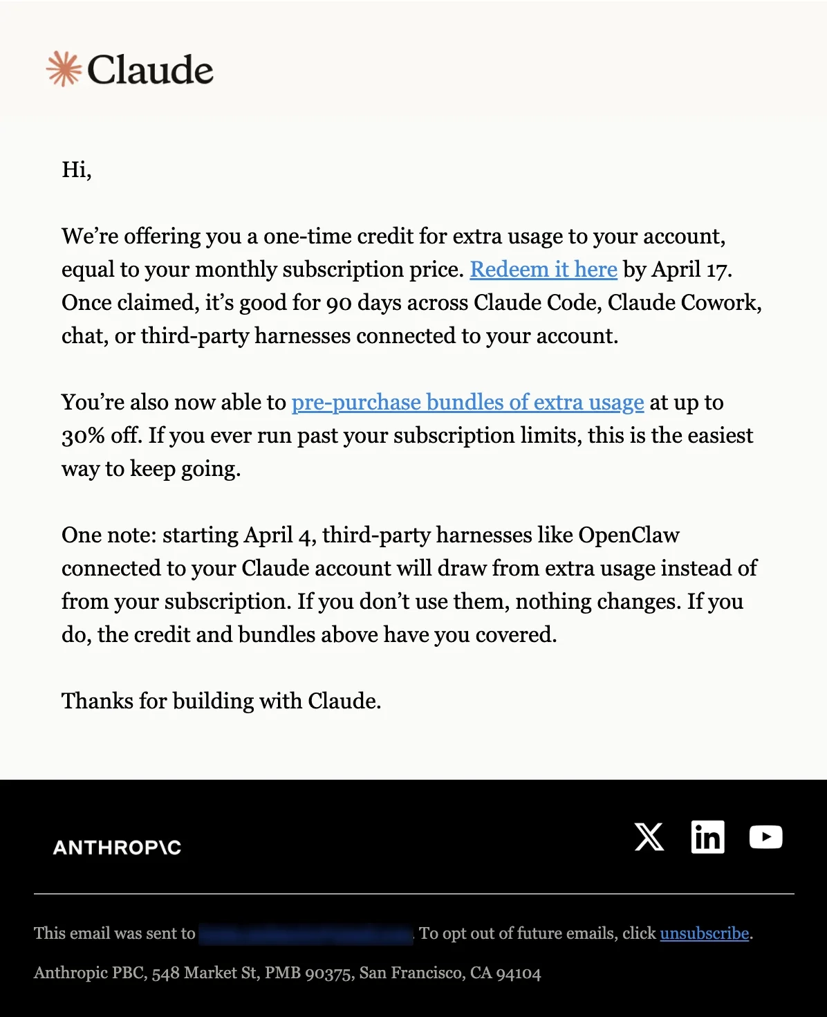 Email Marketing for AI Companies: Screenshot of Claude’s promo email for extra usage credits
