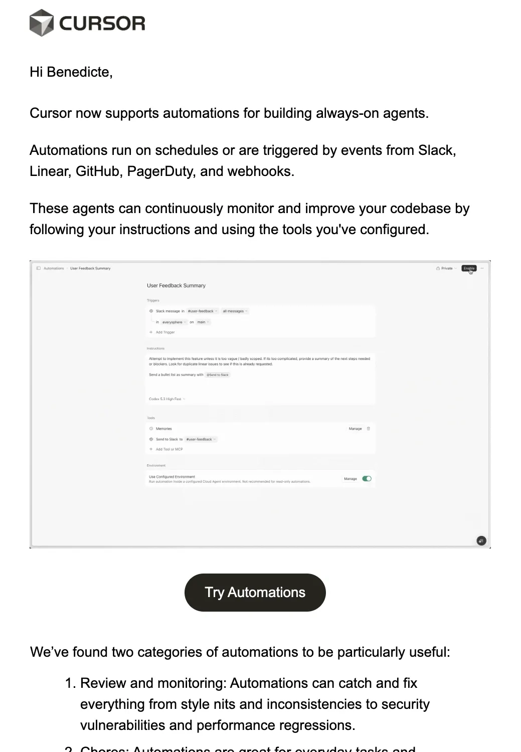 Email Marketing for AI Companies: Screenshot of Cursor’s email about automations