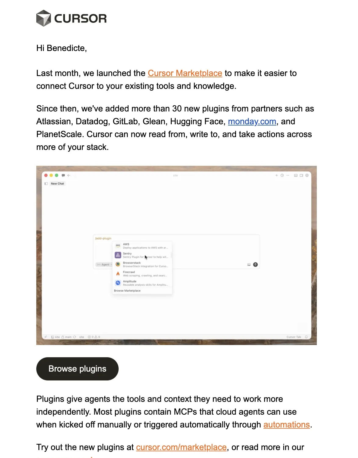 Email Marketing for AI Companies: Screenshot of Cursor’s email about plugins