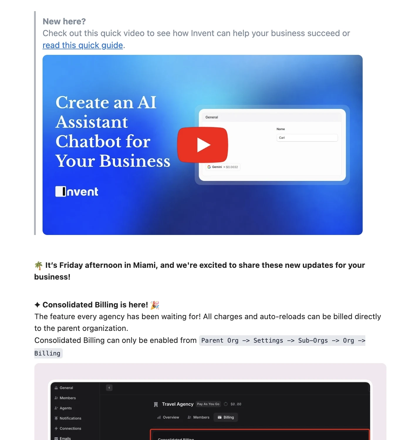 Email Marketing for AI Companies: Screenshot of Invent’s newsletter showing new features